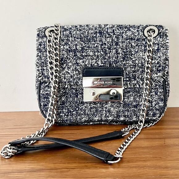 Michael Kors Tweed Quilted Chain Shoulder Bag Admiral White Blue Women's - Picture 1 of 11